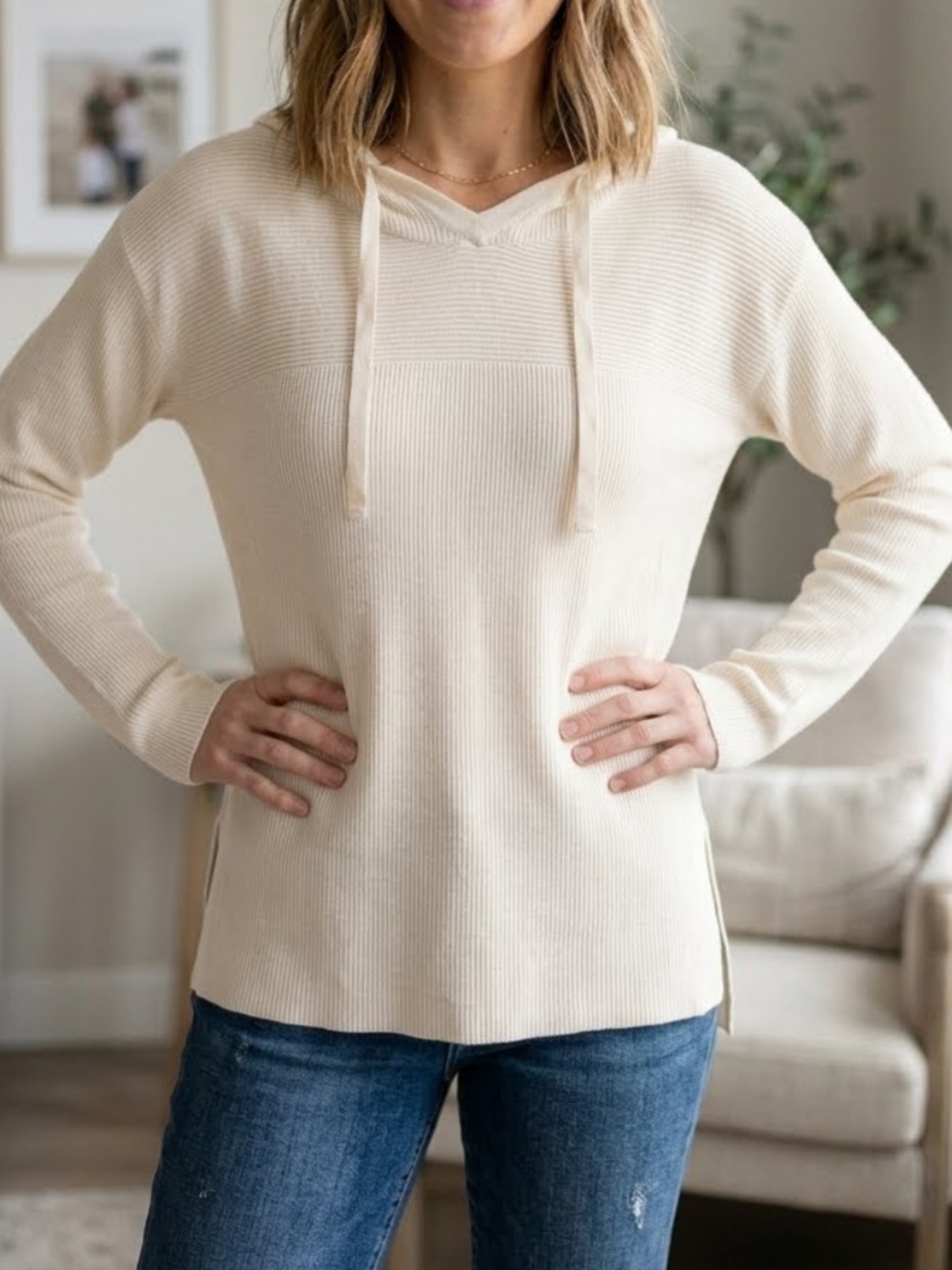 Soma Wknd Sweater Knit Hoodie Ivory Tunic Soft Multi Stitch Popover Casual Comfy